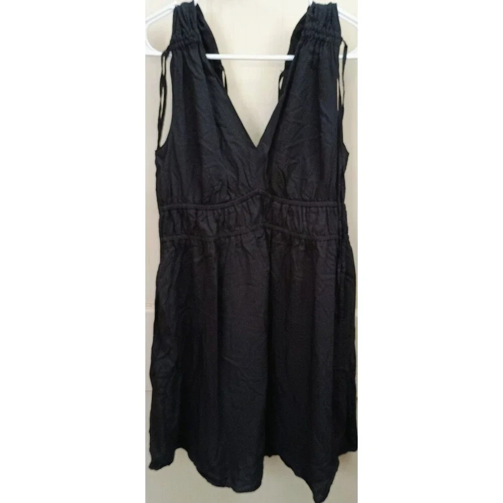 Time and Tru Women's Black Sleeveless V-Neck Mini Dress Drawstring Shoulder MED